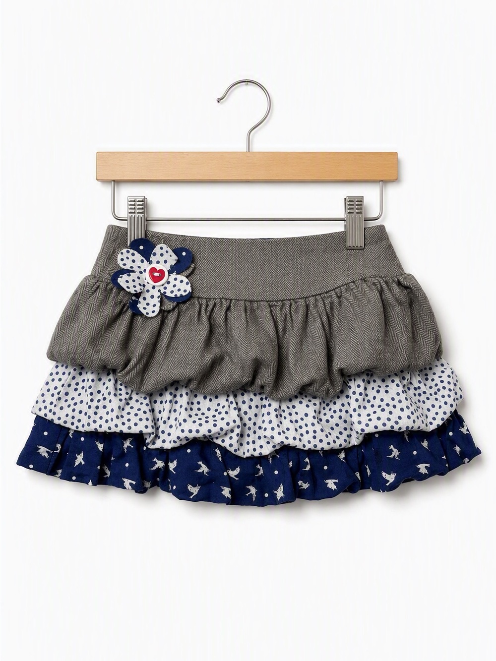 Gagou Tagou Herringbone Tweed Polka Dot Bird Tiered Ruffle Skirt 18M Coquette